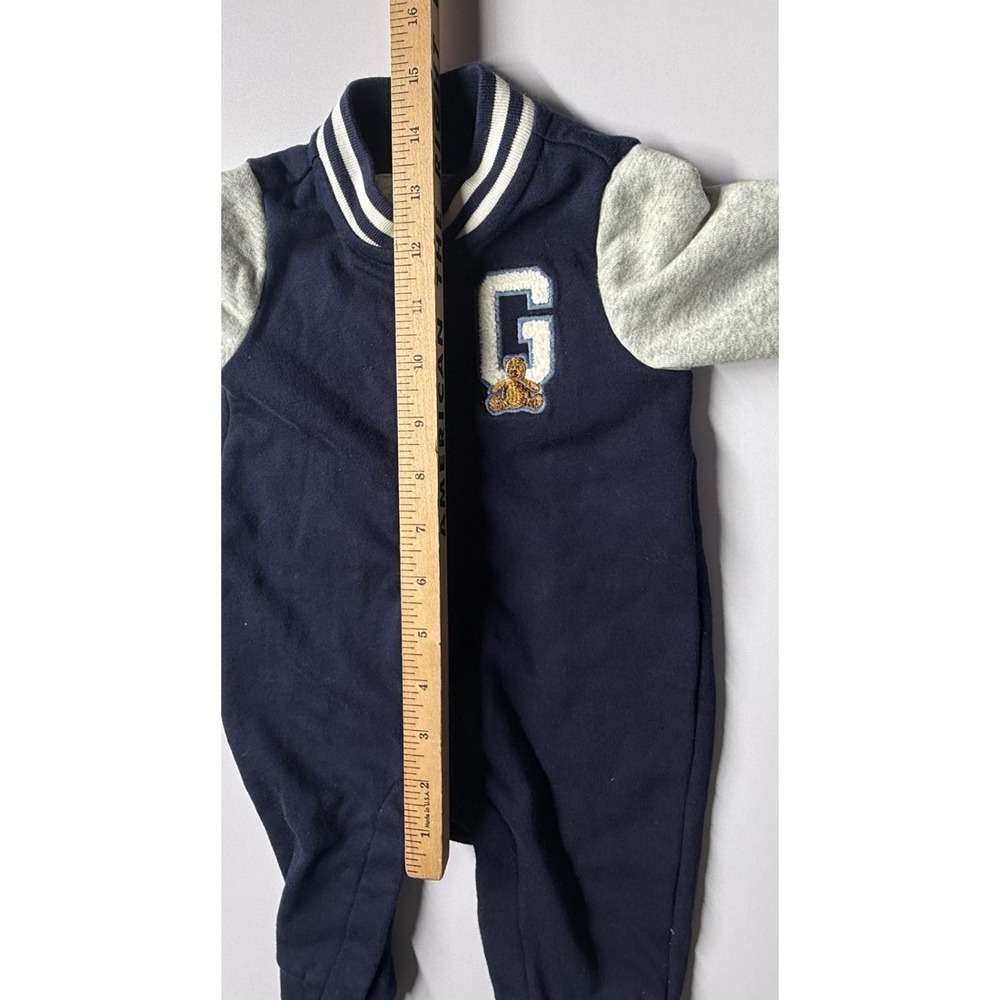 Baby Gap Varsity Romper Navy Blue Gray Bear Patch Snap Front 3-6 Months - Picture 9 of 9